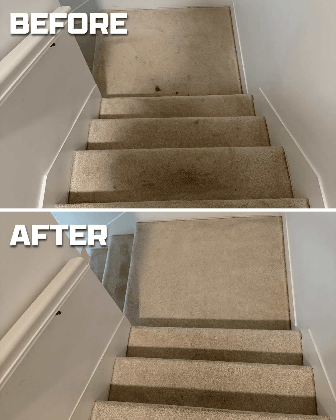 Before-and-after view of professionally cleaned carpeted stairs
