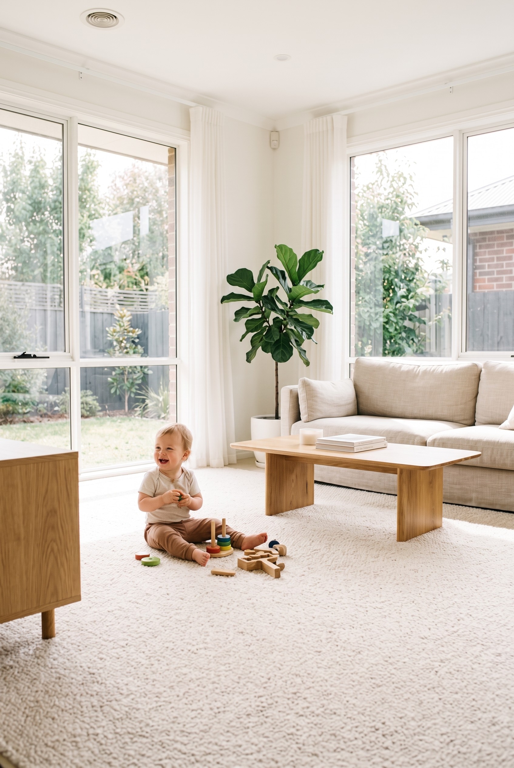 A happy toddler playing on a clean cream carpet in a bright Greenville home